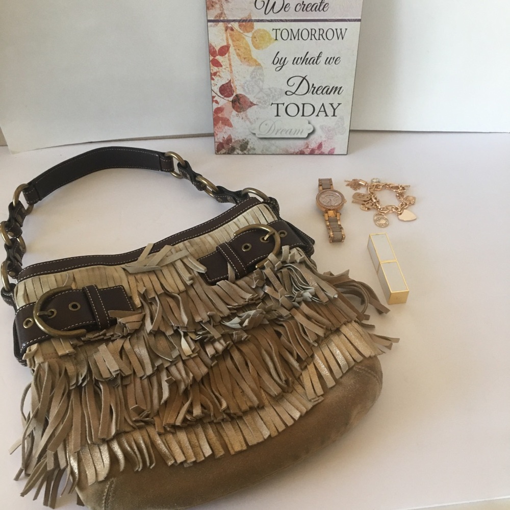 COACH BEIGE SUEDE LEATHER FRINGE SHOULDER BAG